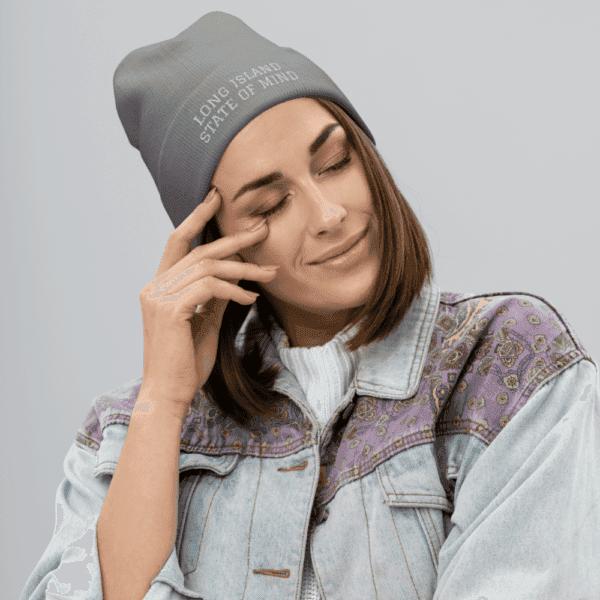 LI State of Mind beanie featuring a bold design, perfect for showing off Long Island pride during cold weather.