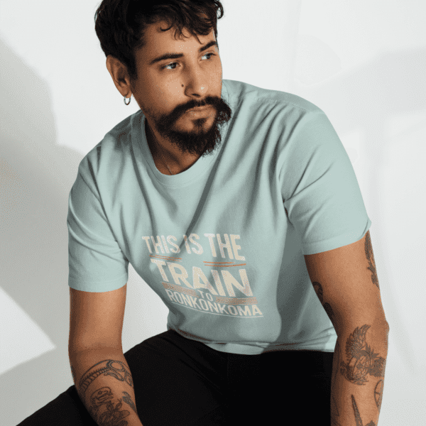 "This is the Train to Ronkonkoma" men’s shirt featuring a bold, commuter-inspired design, perfect for fans of the LIRR and Long Island pride.