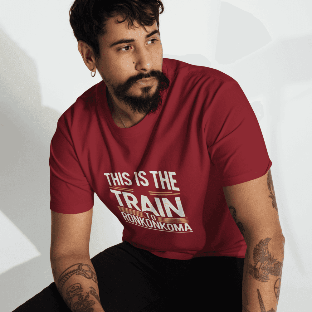 "This is the Train to Ronkonkoma" men’s shirt featuring a bold, commuter-inspired design, perfect for fans of the LIRR and Long Island pride.