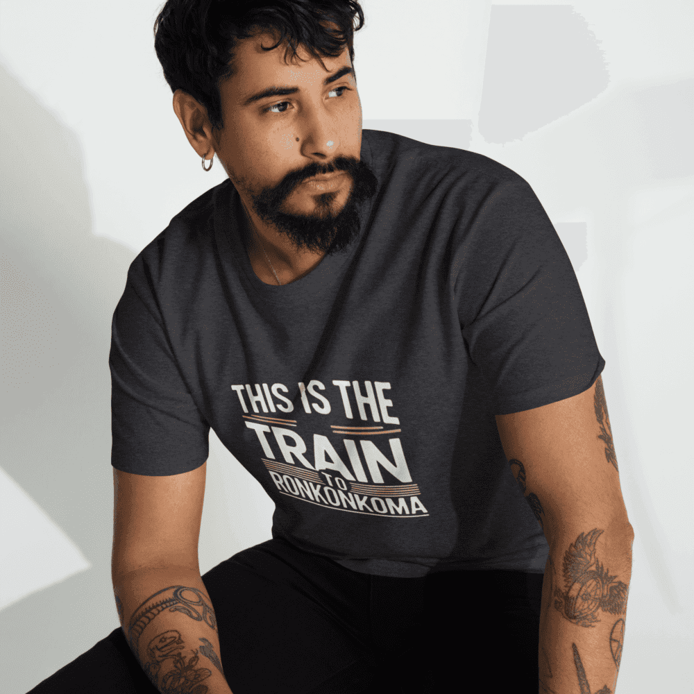 "This is the Train to Ronkonkoma" men’s shirt featuring a bold, commuter-inspired design, perfect for fans of the LIRR and Long Island pride.