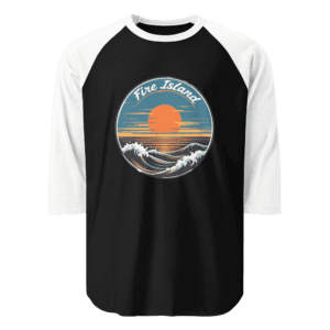 Fire Island 3/4 sleeve unisex shirt with a bold Fire Island design, perfect for casual beach days and showcasing island pride.