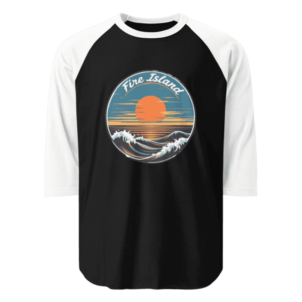 Fire Island 3/4 sleeve unisex shirt with a bold Fire Island design, perfect for casual beach days and showcasing island pride.