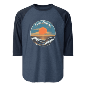 Fire Island 3/4 sleeve unisex shirt with a bold Fire Island design, perfect for casual beach days and showcasing island pride.