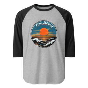 Fire Island 3/4 sleeve unisex shirt with a bold Fire Island design, perfect for casual beach days and showcasing island pride.