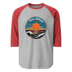 Fire Island 3/4 sleeve unisex shirt with a bold Fire Island design, perfect for casual beach days and showcasing island pride.