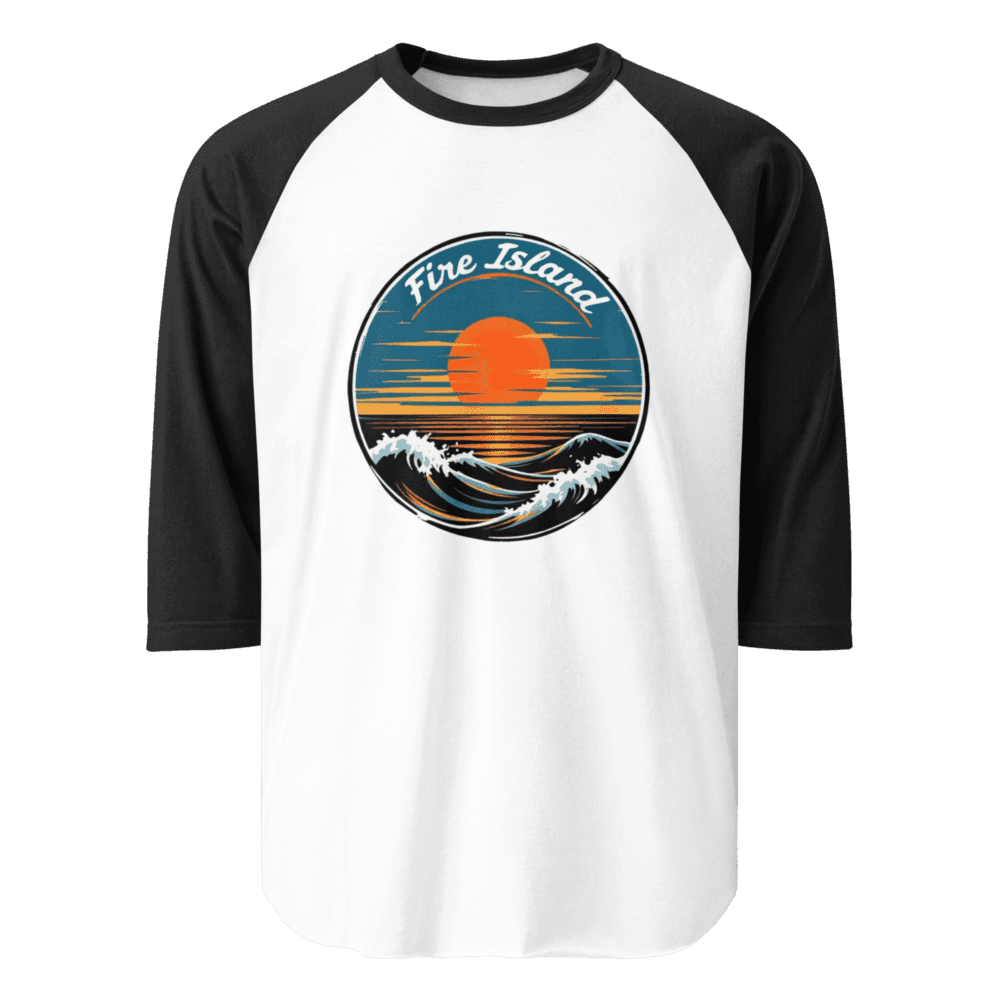 Fire Island 3/4 sleeve unisex shirt with a bold Fire Island design, perfect for casual beach days and showcasing island pride.