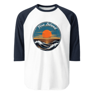 Fire Island 3/4 sleeve unisex shirt with a bold Fire Island design, perfect for casual beach days and showcasing island pride.