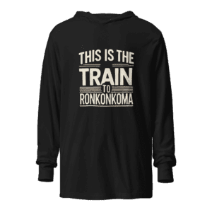 Unisex long sleeve hoodie with "Train to Ronkonkoma" design, inspired by the LIRR’s iconic route.