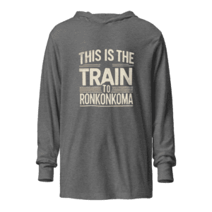 Unisex long sleeve hoodie with "Train to Ronkonkoma" design, inspired by the LIRR’s iconic route.