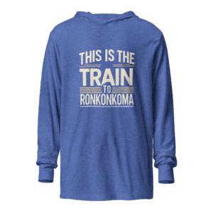 Unisex long sleeve hoodie with "Train to Ronkonkoma" design, inspired by the LIRR’s iconic route.