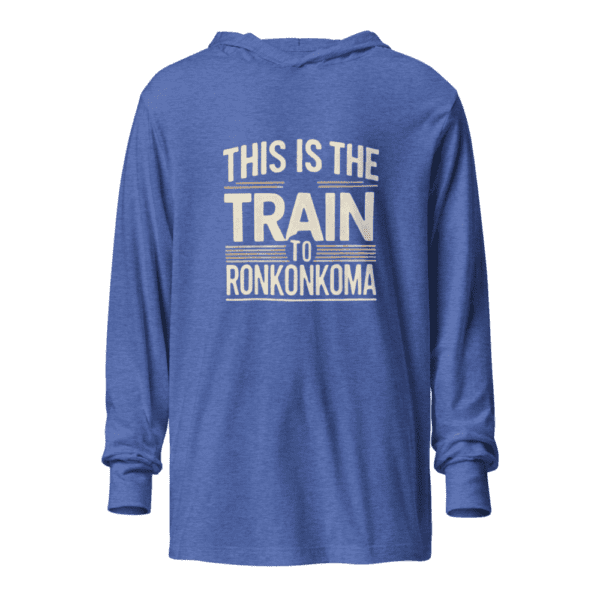 Unisex long sleeve hoodie with "Train to Ronkonkoma" design, inspired by the LIRR’s iconic route.