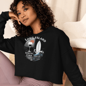 South/North Fork women’s cropped sweater showcasing the beauty of Long Island’s forks, ideal for casual wear and island pride.