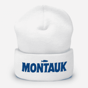 Cozy beanie featuring a "Montauk" design, perfect for keeping warm and showcasing coastal style.