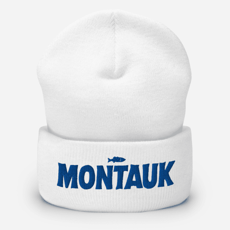 Cozy beanie featuring a "Montauk" design, perfect for keeping warm and showcasing coastal style.