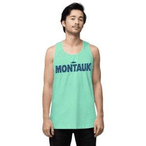 Men’s tank top with "Montauk" design, inspired by beach life and coastal vibes.