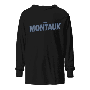 Long sleeve hooded sweatshirt featuring a "Montauk" design, capturing the chill and coastal vibe of the iconic Long Island town.