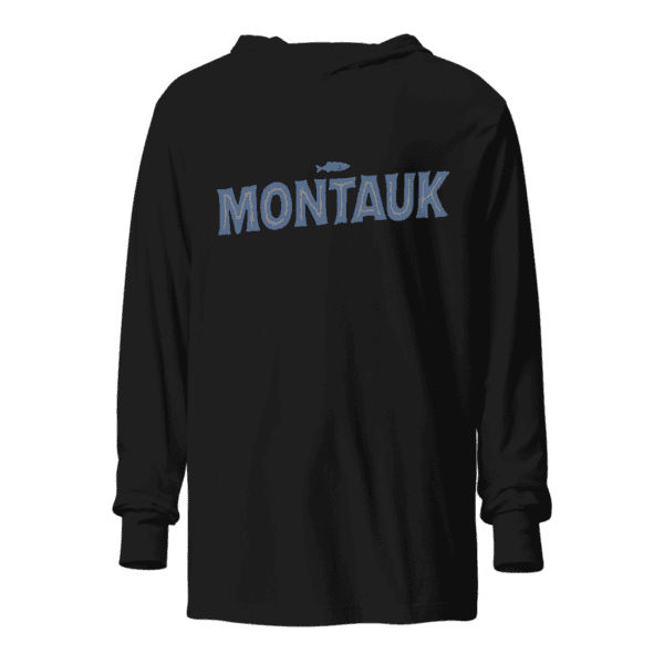 Long sleeve hooded sweatshirt featuring a "Montauk" design, capturing the chill and coastal vibe of the iconic Long Island town.