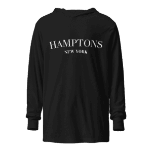 Long sleeve hooded sweatshirt featuring a "Hamptons" design, inspired by the upscale, coastal lifestyle of the Hamptons.