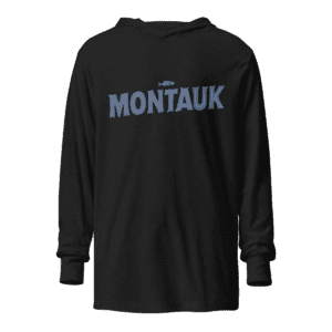 Long sleeve hooded sweatshirt featuring a "Montauk" design, capturing the chill and coastal vibe of the iconic Long Island town.