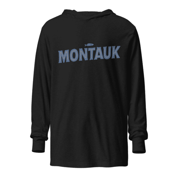 Long sleeve hooded sweatshirt featuring a "Montauk" design, capturing the chill and coastal vibe of the iconic Long Island town.