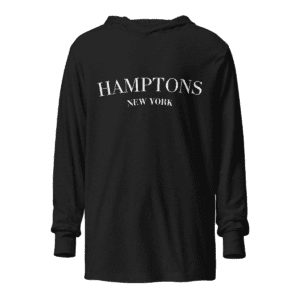 Long sleeve hooded sweatshirt featuring a "Hamptons" design, inspired by the upscale, coastal lifestyle of the Hamptons.