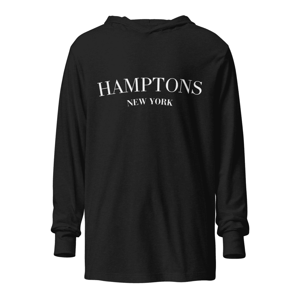 Long sleeve hooded sweatshirt featuring a "Hamptons" design, inspired by the upscale, coastal lifestyle of the Hamptons.