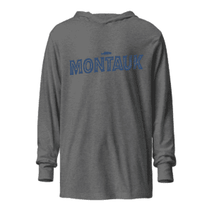 Long sleeve hooded sweatshirt featuring a "Montauk" design, capturing the chill and coastal vibe of the iconic Long Island town.