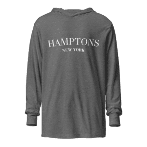 Long sleeve hooded sweatshirt featuring a "Hamptons" design, inspired by the upscale, coastal lifestyle of the Hamptons.