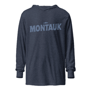 Long sleeve hooded sweatshirt featuring a "Montauk" design, capturing the chill and coastal vibe of the iconic Long Island town.