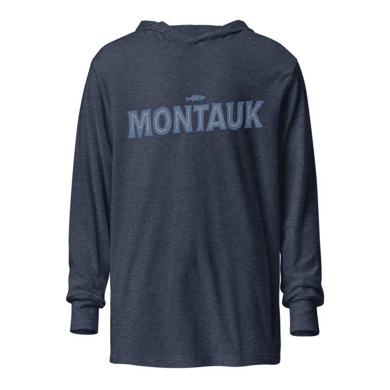 Long sleeve hooded sweatshirt featuring a "Montauk" design, capturing the chill and coastal vibe of the iconic Long Island town.