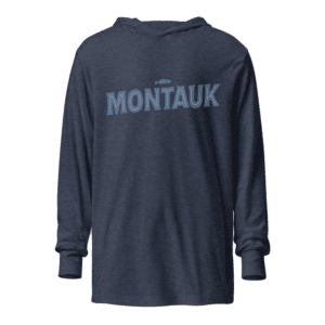 Long sleeve hooded sweatshirt featuring a "Montauk" design, capturing the chill and coastal vibe of the iconic Long Island town.