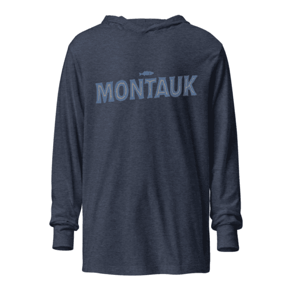 Long sleeve hooded sweatshirt featuring a "Montauk" design, capturing the chill and coastal vibe of the iconic Long Island town.