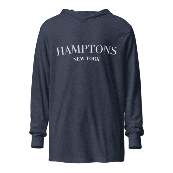 Long sleeve hooded sweatshirt featuring a "Hamptons" design, inspired by the upscale, coastal lifestyle of the Hamptons.