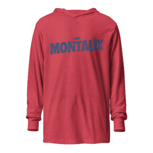 Long sleeve hooded sweatshirt featuring a "Montauk" design, capturing the chill and coastal vibe of the iconic Long Island town.