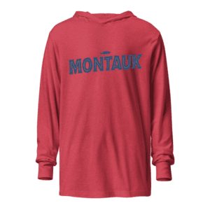 Long sleeve hooded sweatshirt featuring a "Montauk" design, capturing the chill and coastal vibe of the iconic Long Island town.